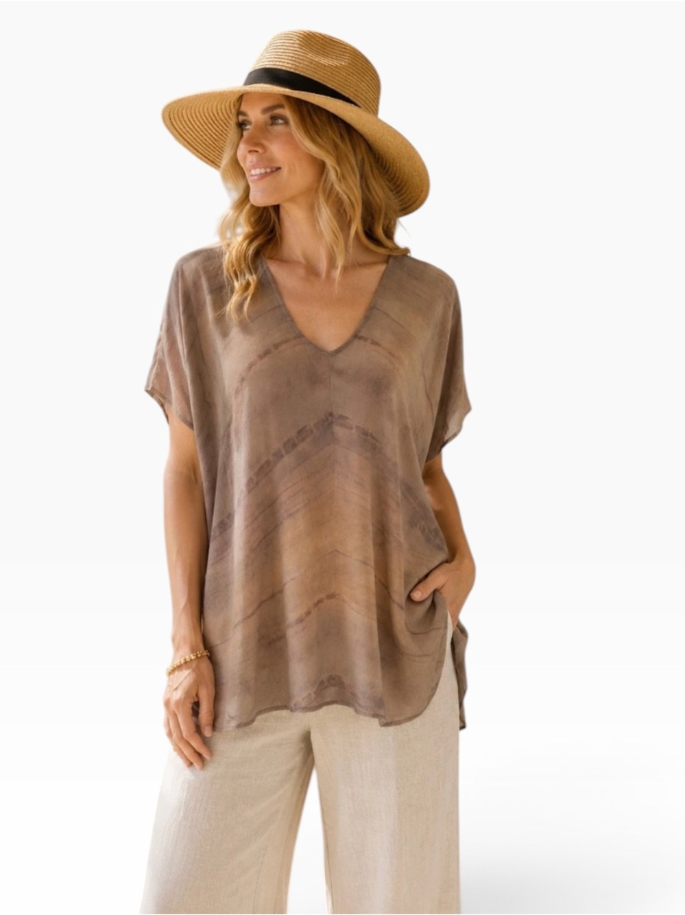 Eileen Fisher mocha brown silk V-Neck Short Sleeve Tunic Top